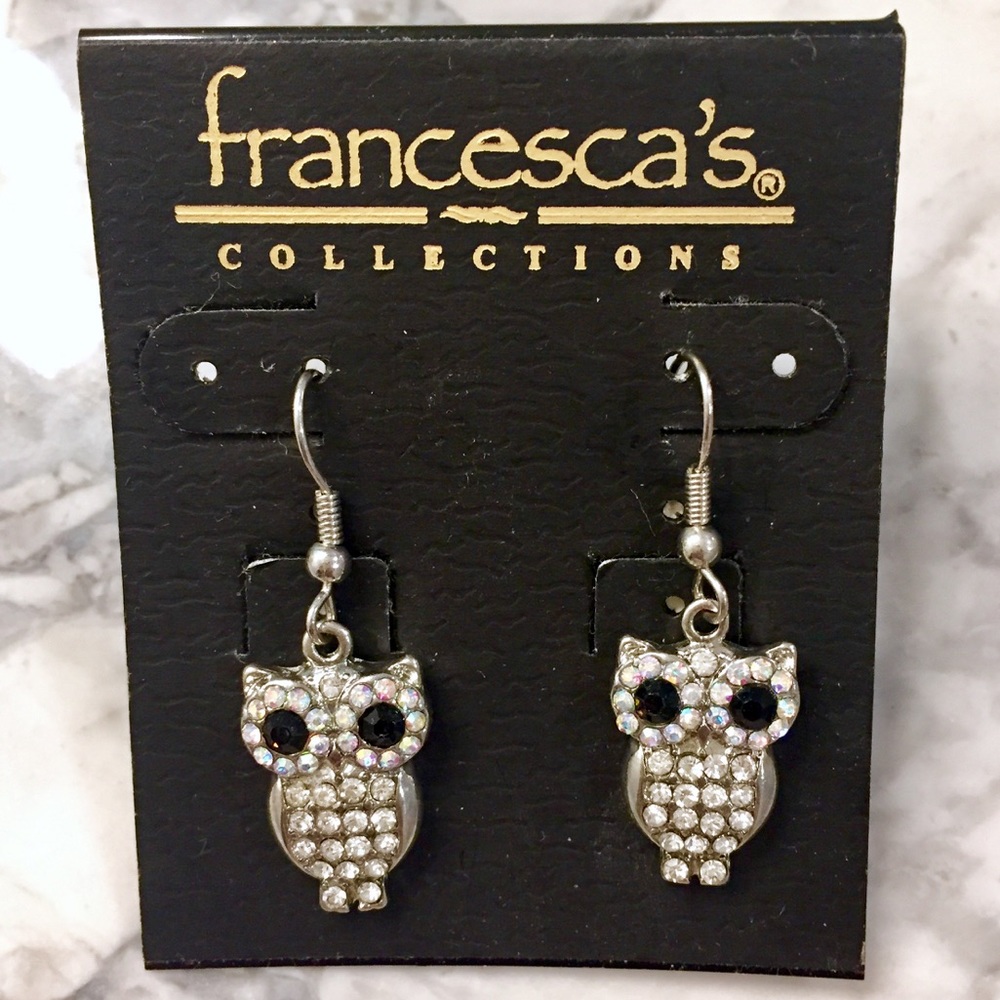 New Silver Crystal Owl Dangle Earrings